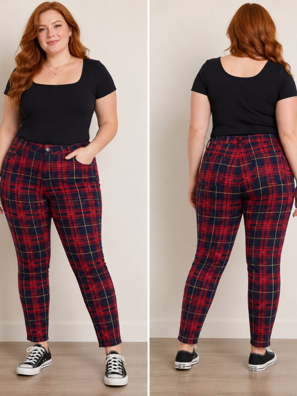 Suko Jeans Women’s Size 12 Red Navy Plaid Skinny Pants Tartan Stretch